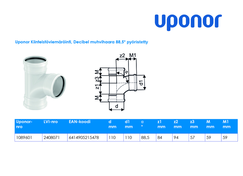 uponor Db socket branch decibel 110x110x88,5 swept pp