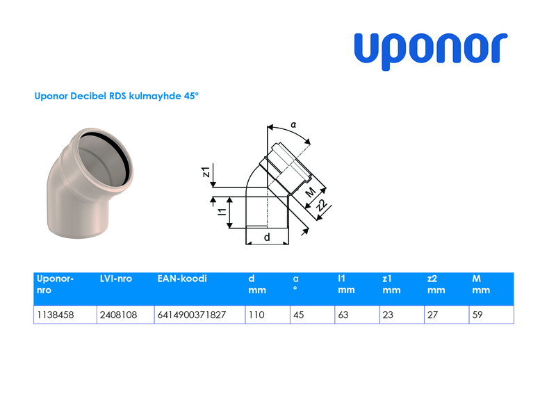 uponor Kulmayhde kattosadevesi rds 110x45 pp pn2,5