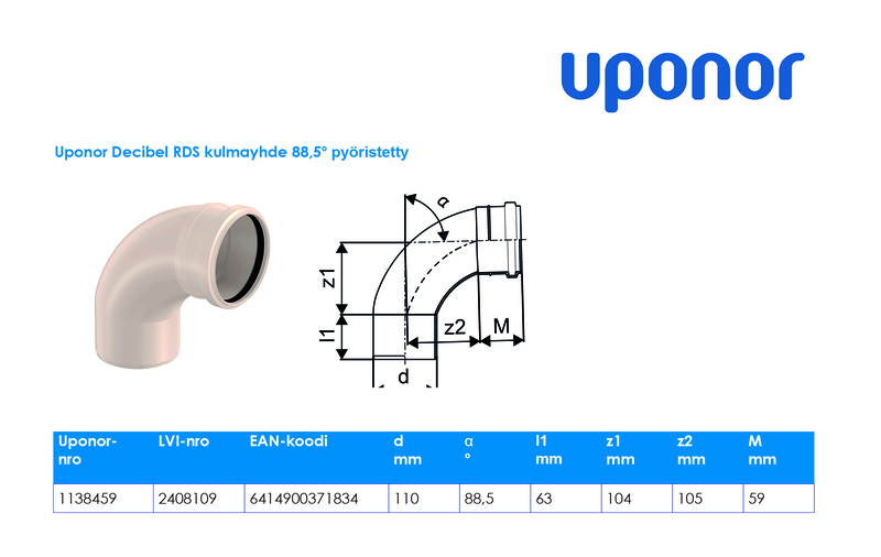 uponor Kulmayhde kattosadevesi rds 110x88,5 pyöristetty pp pn2,5