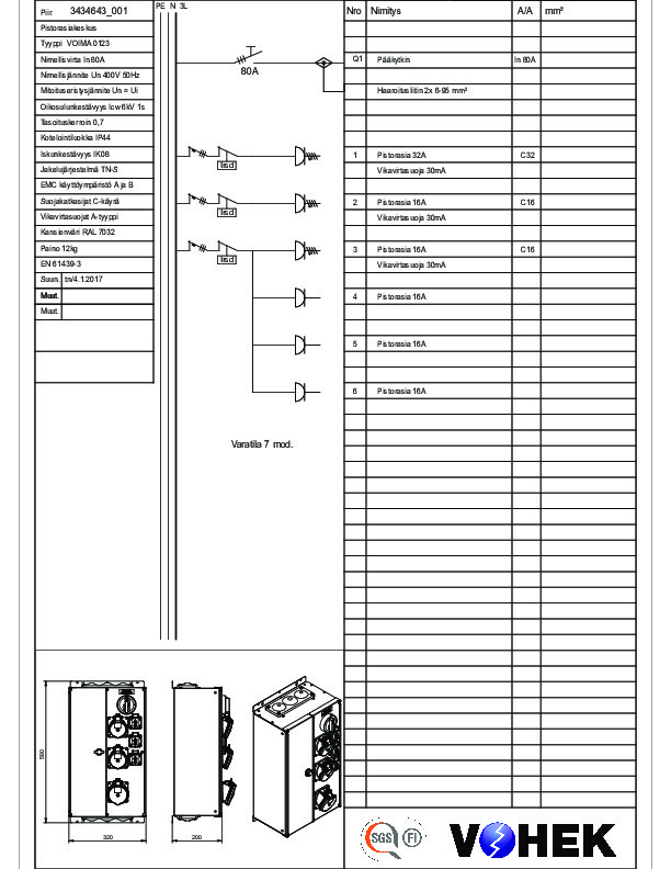 vohek Pistorasiakeskus vohek voima 0123 80a ip44 rst