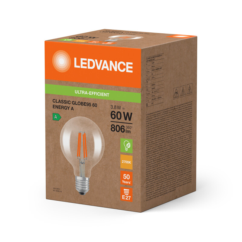 ledvance Led-lamp super-efficient g95 3,8w/827 806lm e27 cl ela