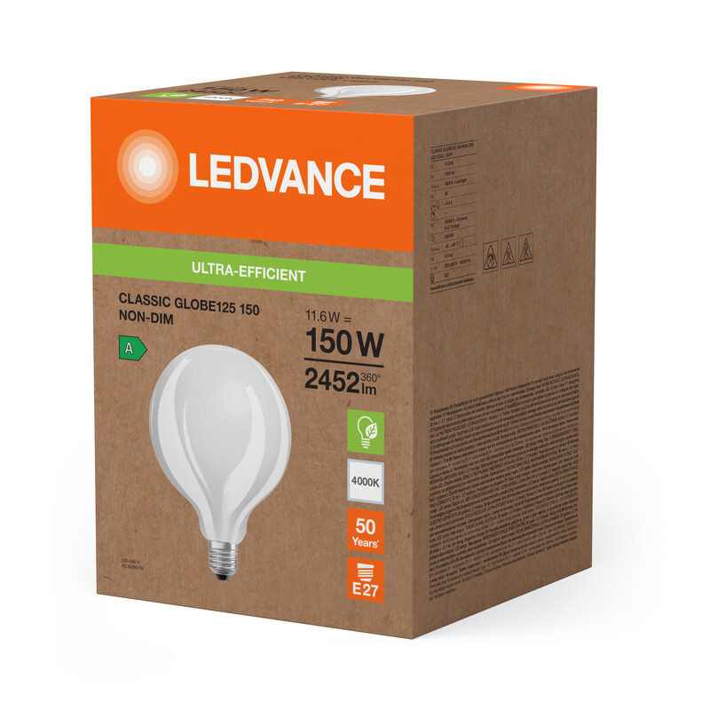 ledvance Sisustuslamppu super-efficient g125 12w/840 2452lm e27 fr ela