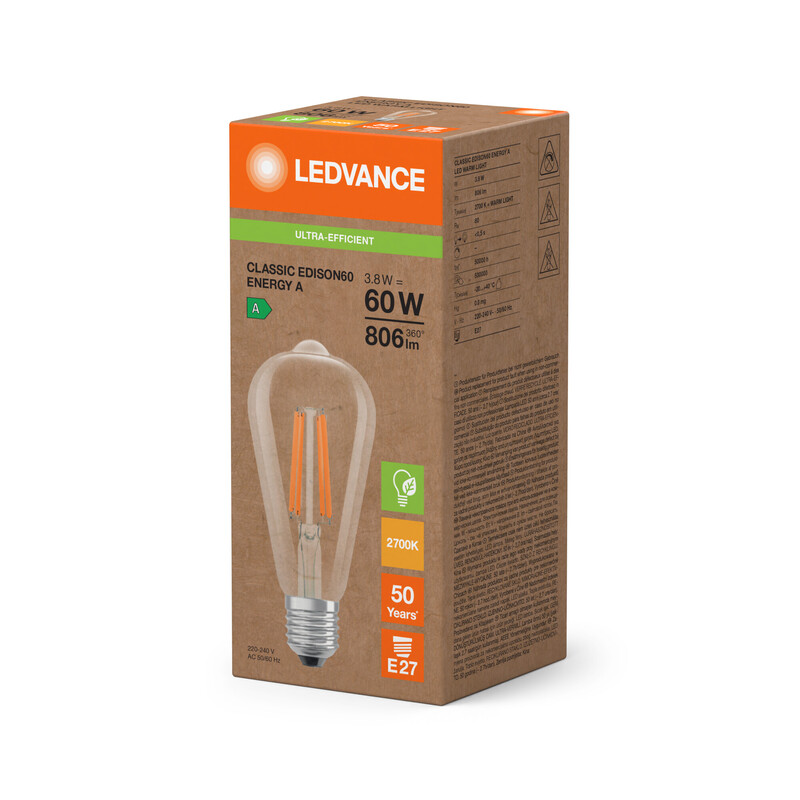 ledvance Sisustuslamppu super-efficient st64 3,8w/827 806lm e27 cl ela