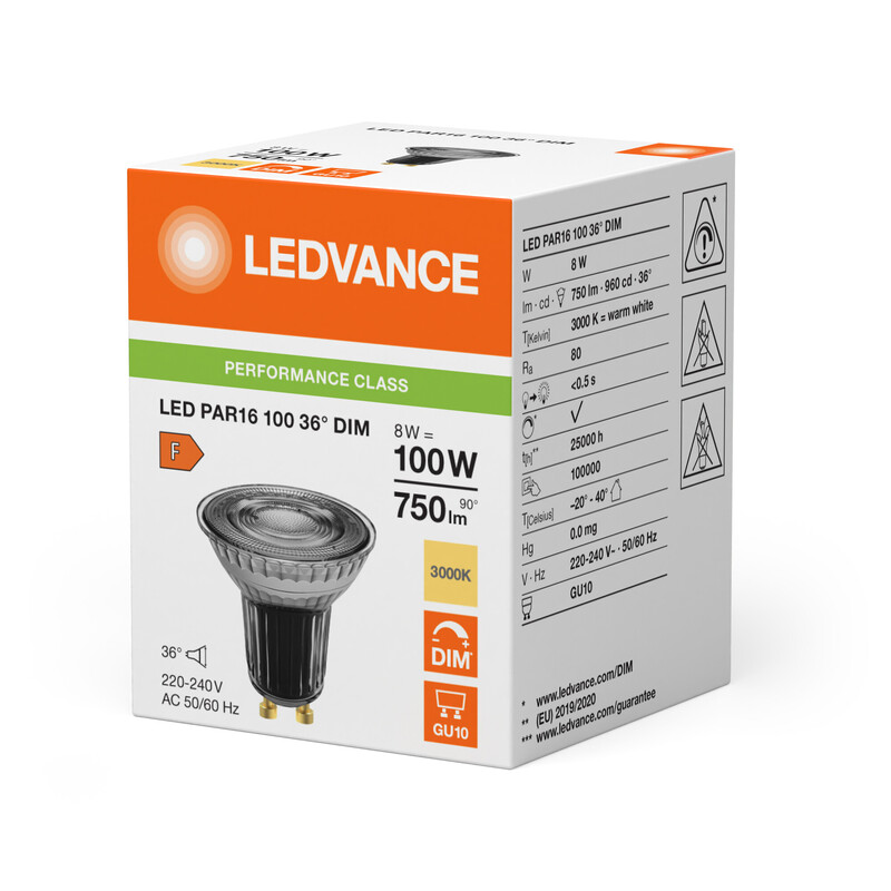 ledvance Kohdelamppu performance spot par16 8w/830 750lm dim gu10 36