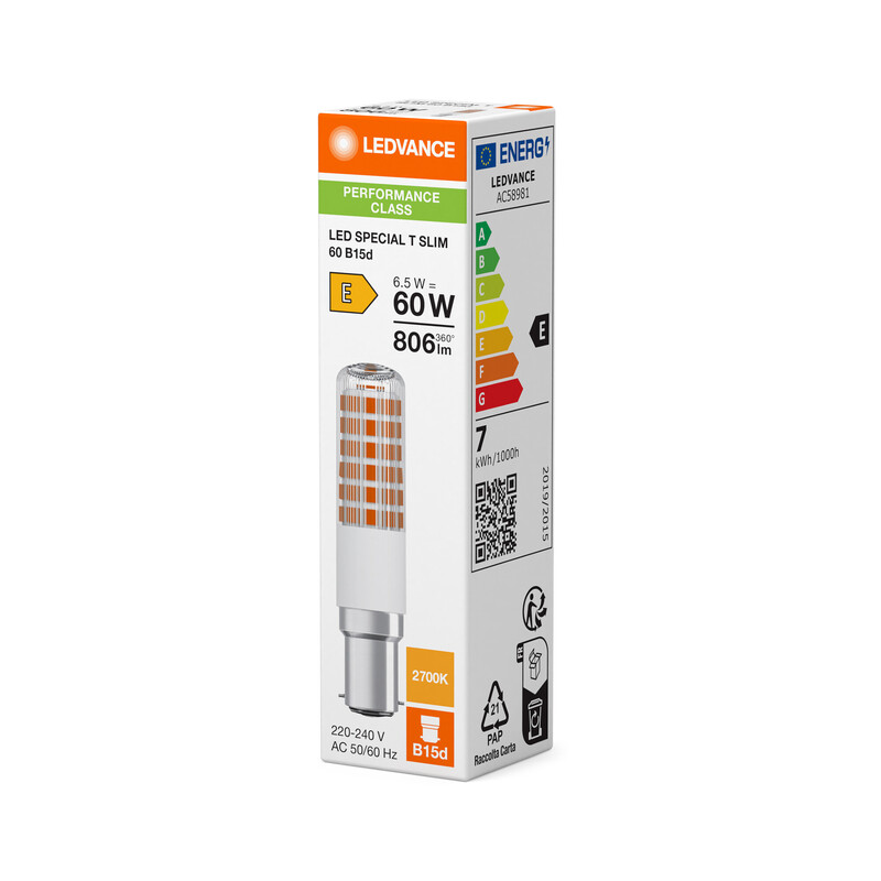 ledvance Vakiolamp. performance special t slim 6,5w/827 806lm b15d cl