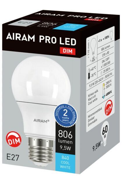 airam Led-lampa pro dim a60 840 806lm e27 dim op