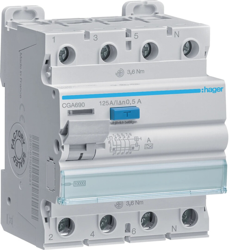 hager Rccb cga690 500ma a-s/4x125a 10ka
