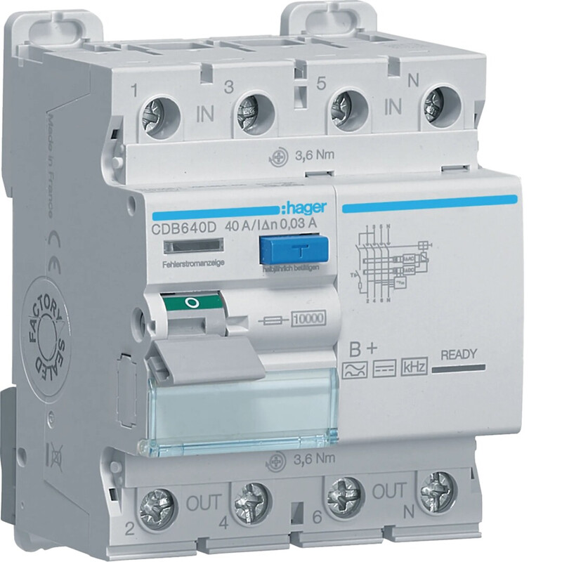 hager Rccb cdb640d 30ma b+/4x40a 10ka