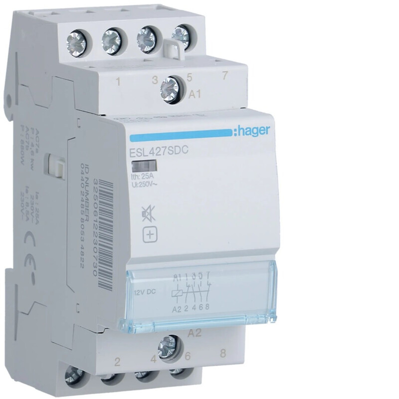 KONTAKTORI HAGER ESL427SDC 2s+2a 25A 12VDC hur