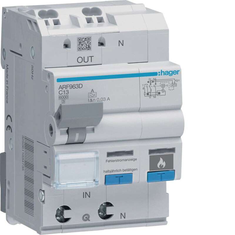 hager Arc fault detection device arf963d 1p+n c-13a/30ma 6ka qc