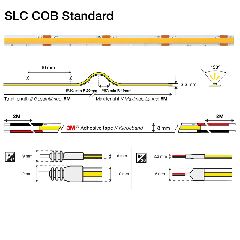 slc Led-ljusslinga slc cob 24v 10w ip67 3000k 1070lm 5m