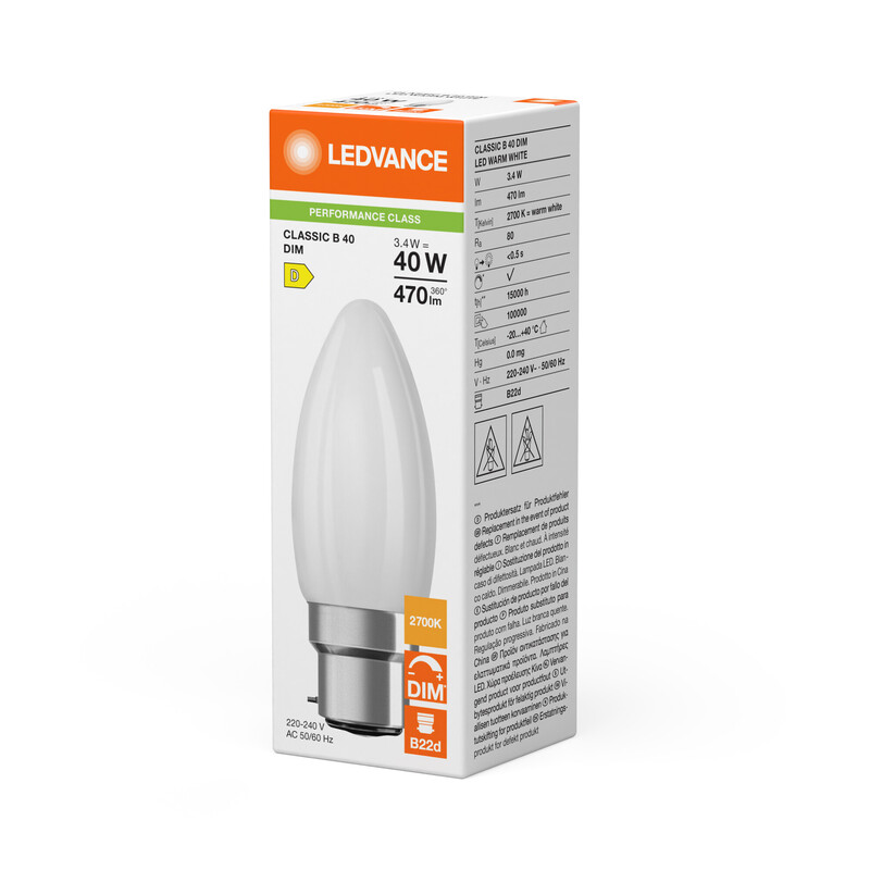 ledvance Kronlampa performance classic clb 3,4w/827 470lm b22d dim fr