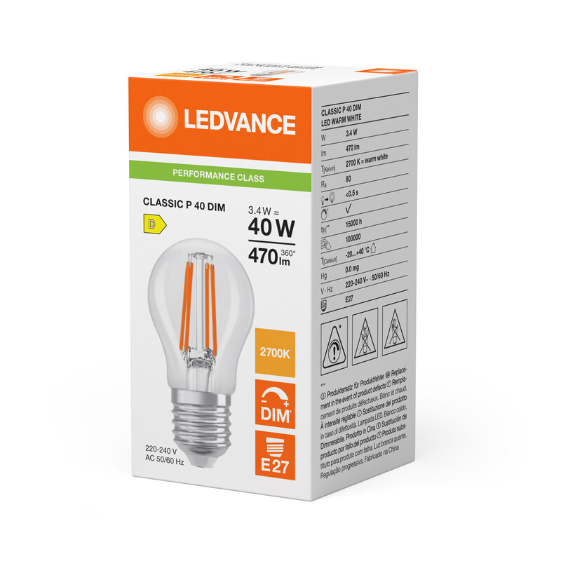 ledvance Mini-ball shape lamp pfm cla clp 3,4w/827 470lm e27 dim cl