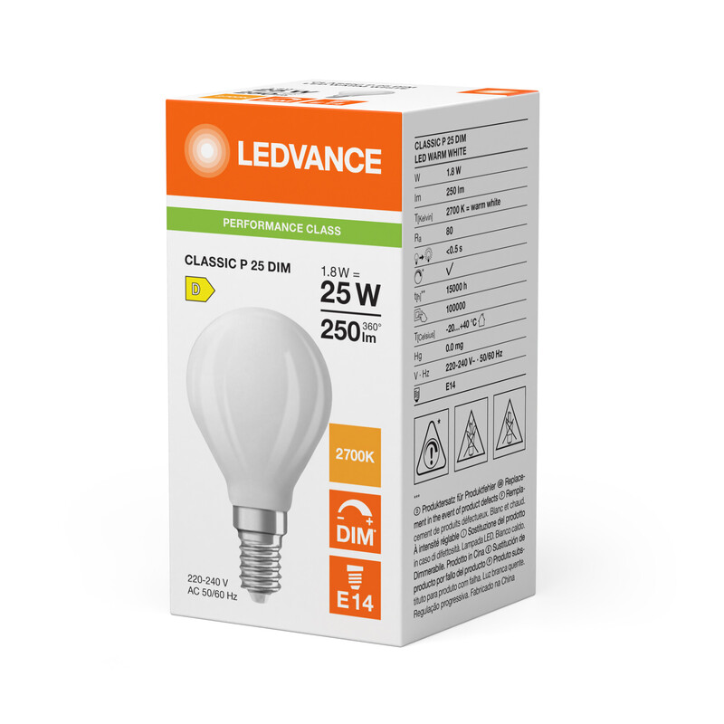 ledvance Mini-ball shape lamp pfm cla clp 1,8w/827 250lm e14 dim fr