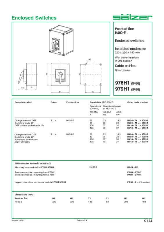 sälzer Net change-over switch h406 1-0-2 4p 63a encl. ip66