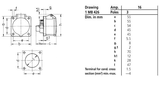 mennekes Panel mounted receptacle 1629 16a3p 6h230v -ip44