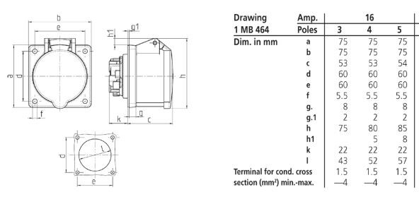 mennekes Infäld kraftuttag twc. 3385 16a5p400v ip44 75x75 s