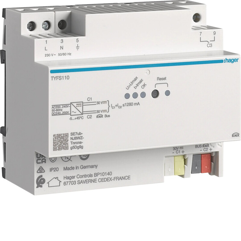 hager Power supply knx ets tyfs110 2ch 1280ma 30vdc din