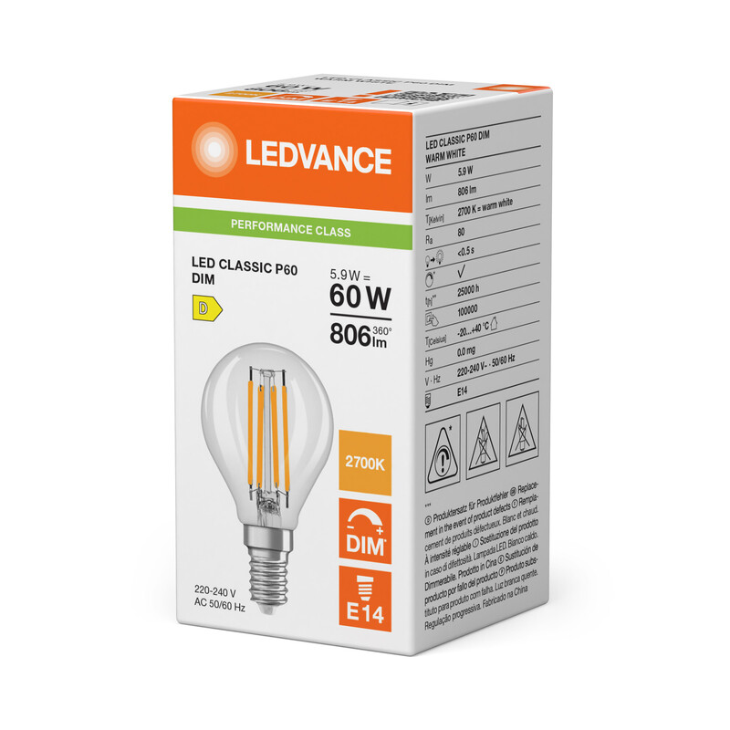ledvance Minibollform lampa performance clp 5,9w/827 806lm e14 dim cl