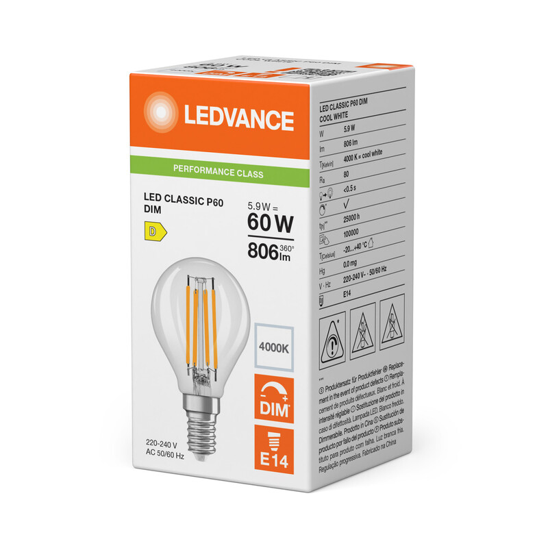 ledvance Minibollform lampa performance clp 5,9w/840 806lm e14 dim cl
