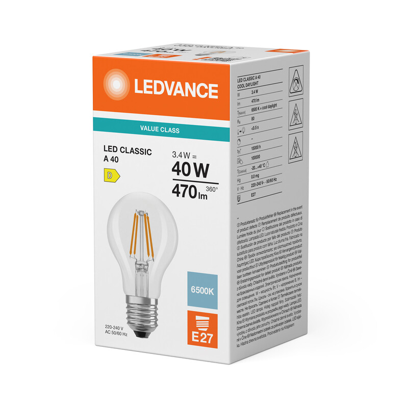 ledvance Standard lamp value classic cla 3,4w/865 470lm e27 cl