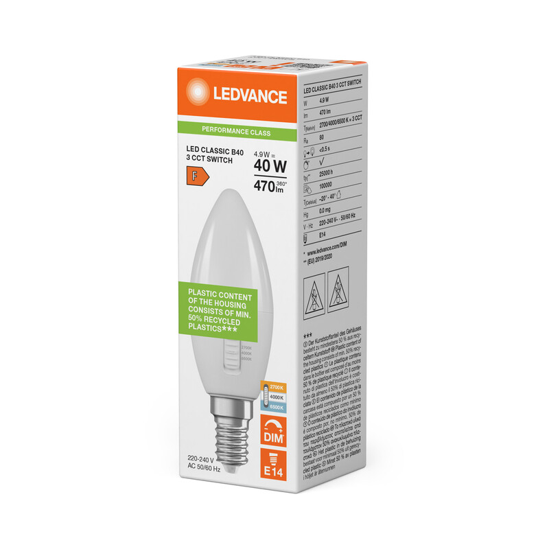 ledvance Kronlampa performance classic clb 4,9w 3cct 470lm e14 dim op
