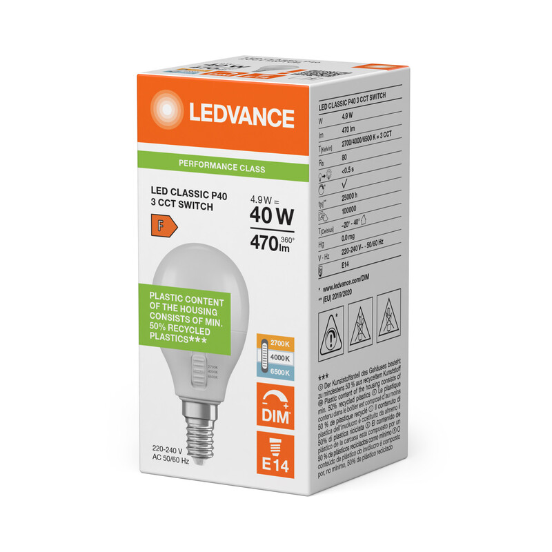 ledvance Minibollform lampa performance clp 4,9w 3cct 470lm e14 dim op