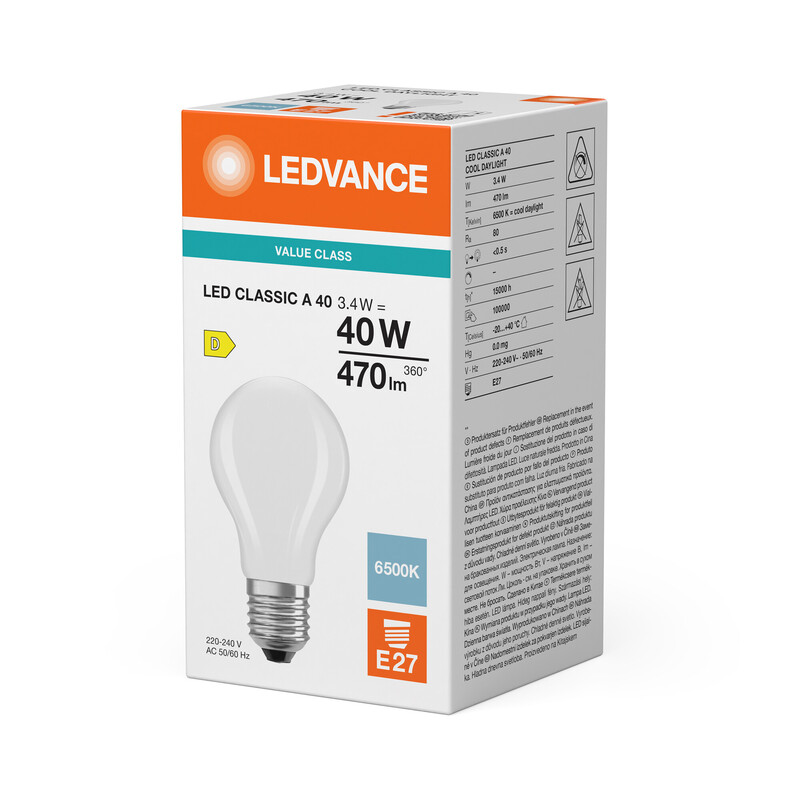 ledvance Standard lamp value classic cla 3,4w/865 470lm e27 fr