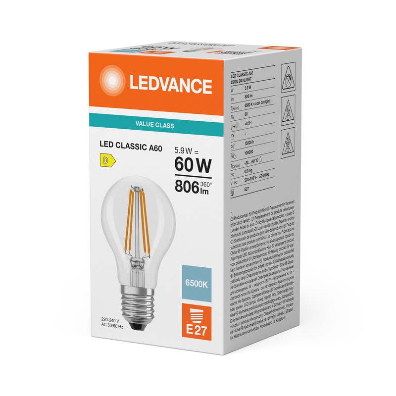 ledvance Standard lamp value classic cla 5,9w/865 806lm e27 cl