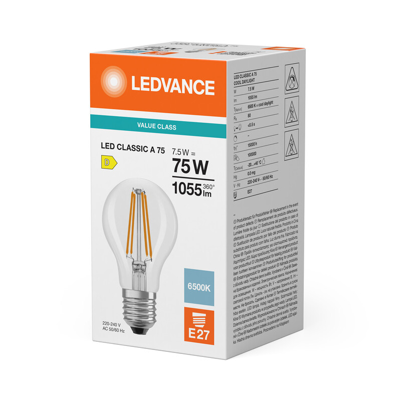 ledvance Standard lamp value classic cla 7,5w/865 1055lm e27 cl