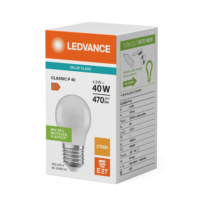 ledvance Minibollform lampa value clp 4,9w/827 470lm e27 op