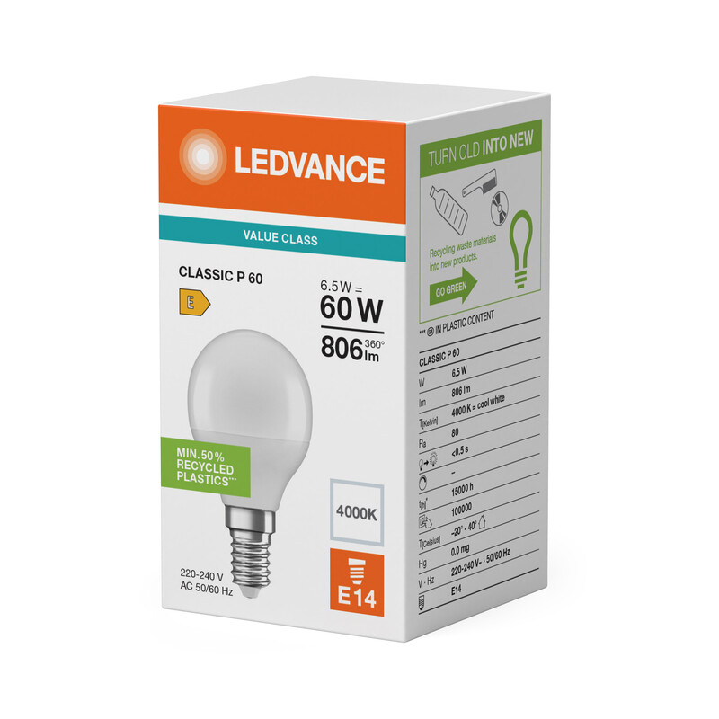 ledvance Minibollform lampa value clp 6,5w/840 806lm e14 op