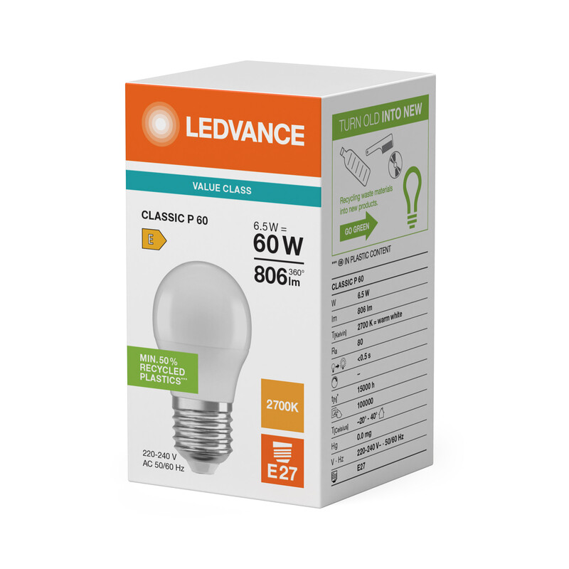 ledvance Minibollform lampa value clp 6,5w/827 806lm e27 op