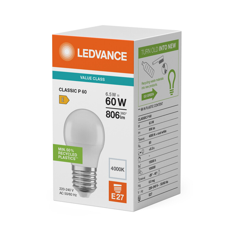 ledvance Minibollform lampa value clp 6,5w/840 806lm e27 op