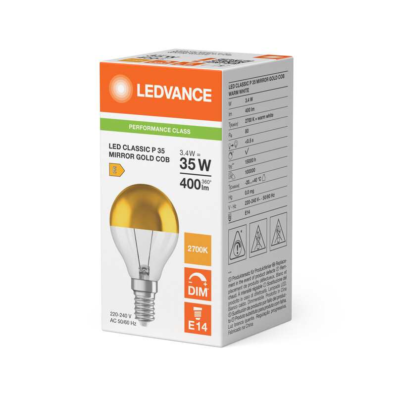 ledvance Minibollform lampa performance clp 3,4w/827 400lm e14 dim gld