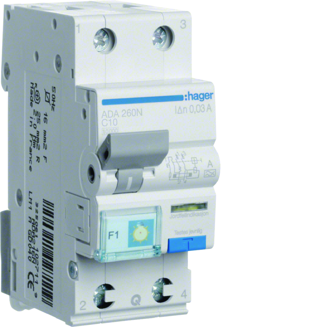 hager Jordfeilautomat 2p 10a-c 30ma ada260n1