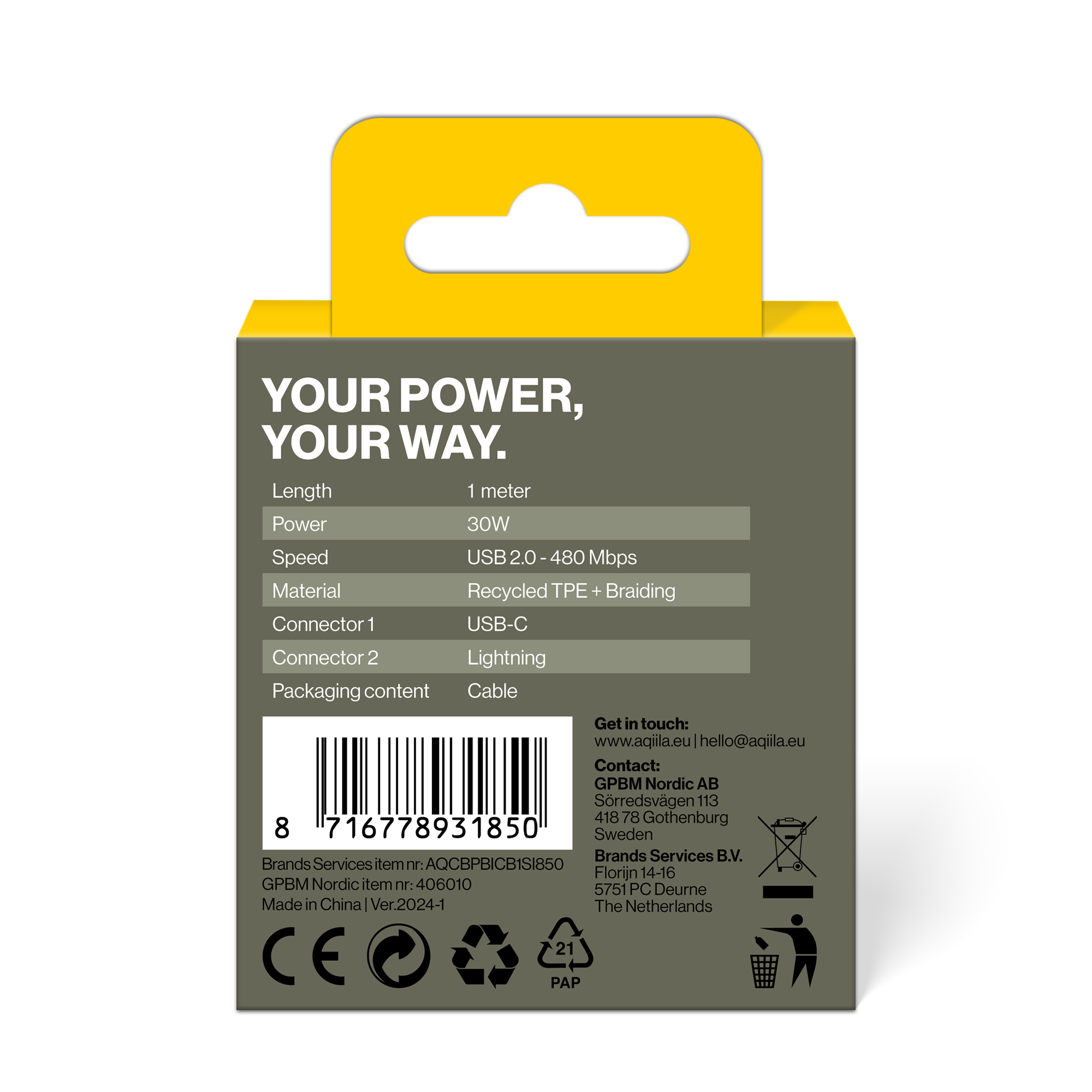 gpbm nordic Usb-kabel c til lighting 30w flettet 1m