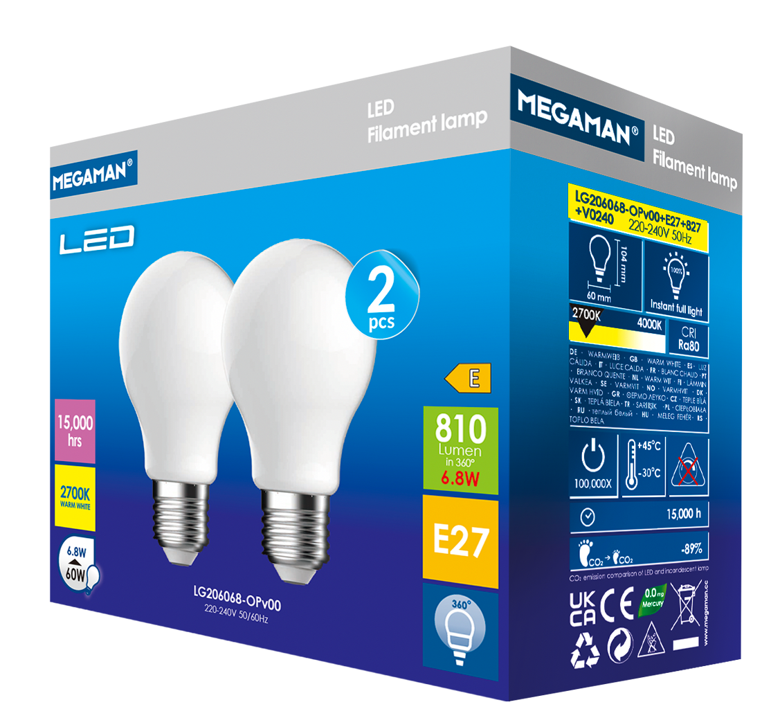 nortronic Led classic a60 e27 827 6,8w 810lm 2pack