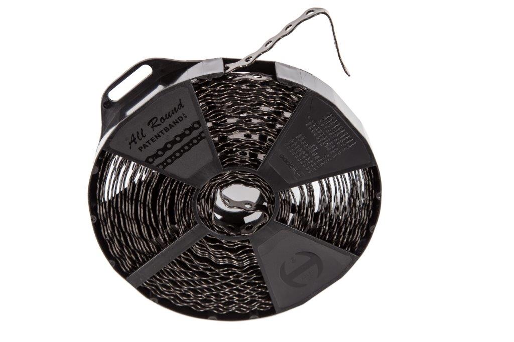 christiania byggteknikk Patentbånd ar 12mm x 0,8mm ø5mm plastlagt 10m sort