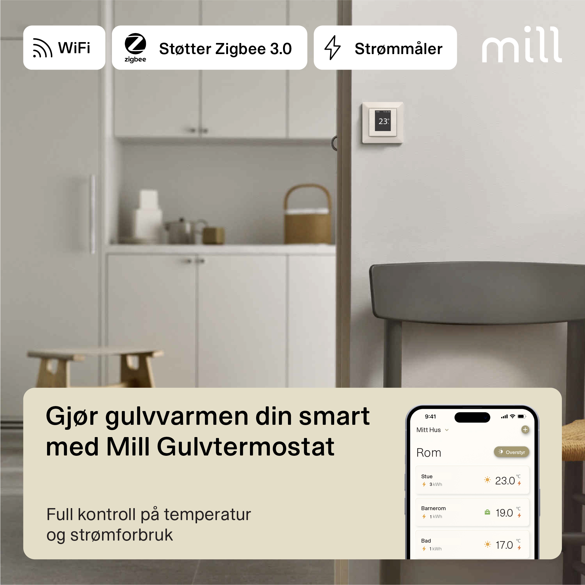 mill Gulvtermostat polarhvit mftwifiph