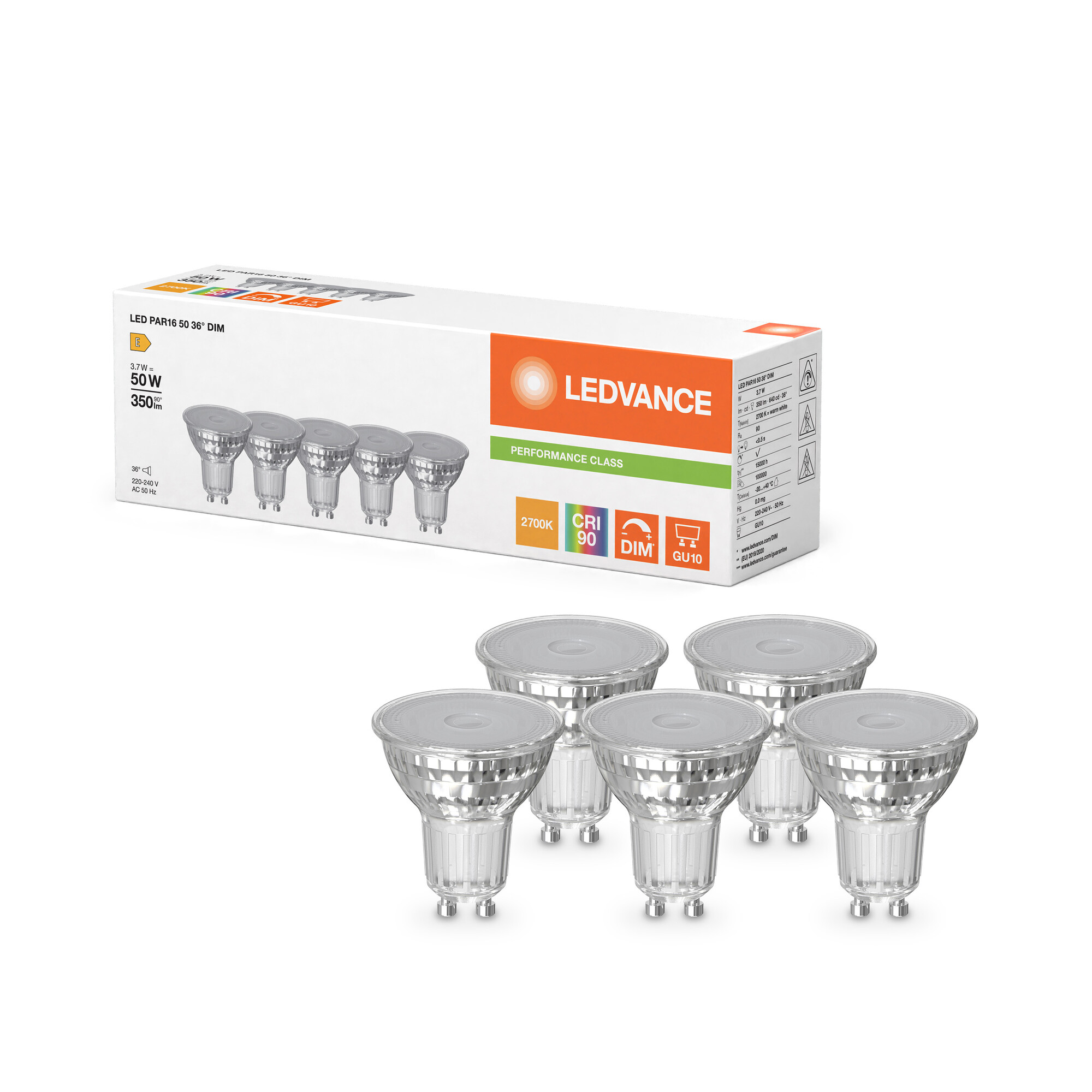 ledvance Ledspot par16 50 dim 350lm 927 gu10 5pk