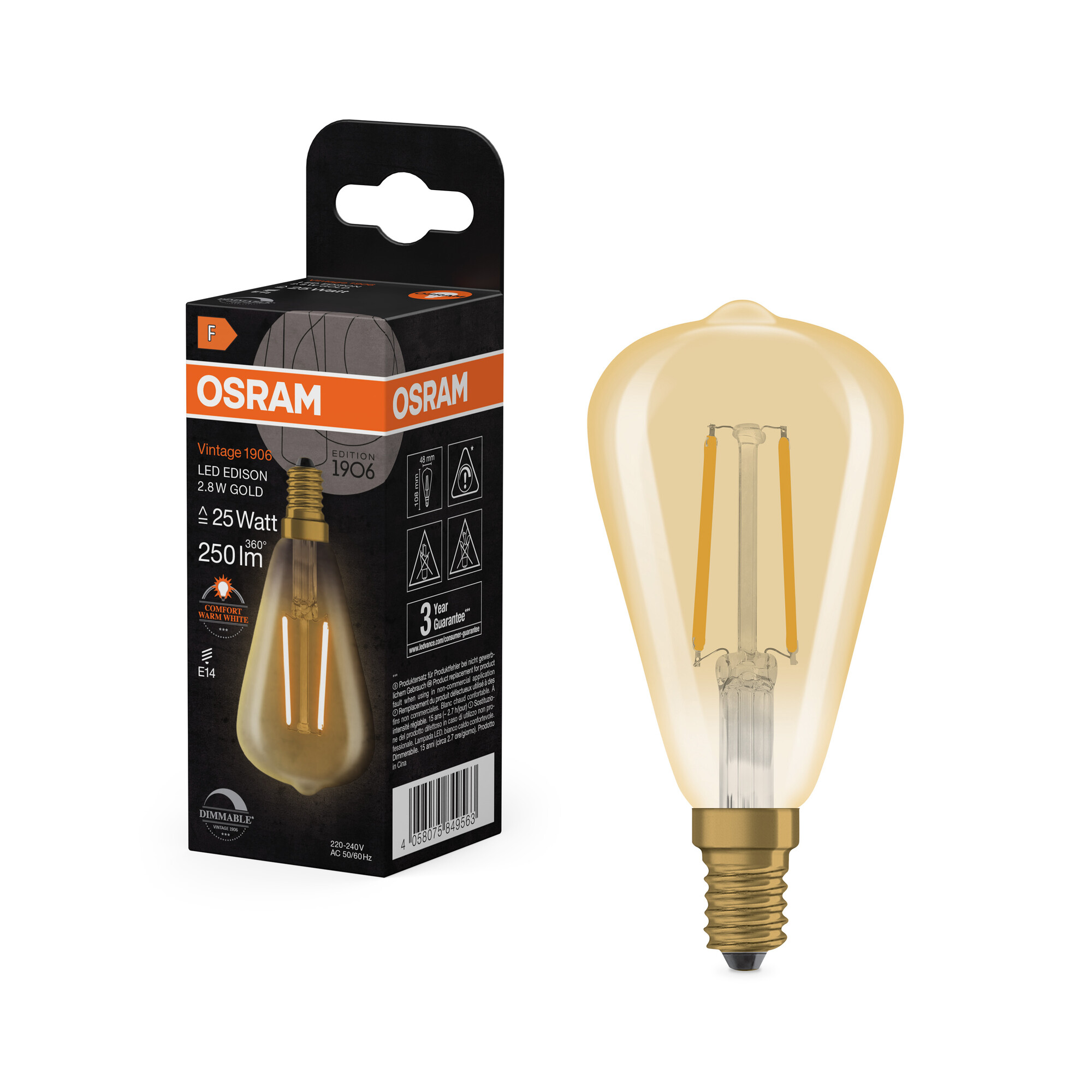 osram Ledpære 1906 edi st48 25 dim 822 gld e14