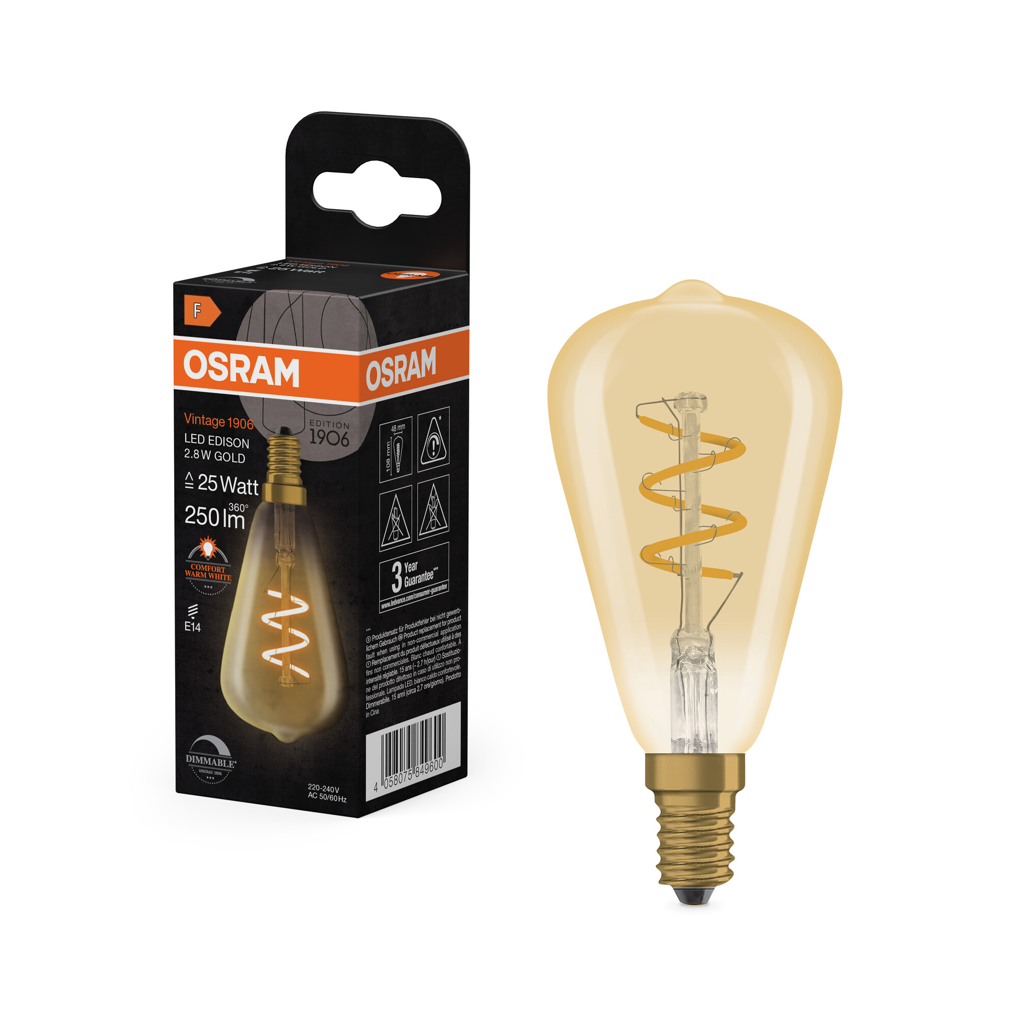 osram Ledpære 1906 edi st48 25 dim 822 gld e14