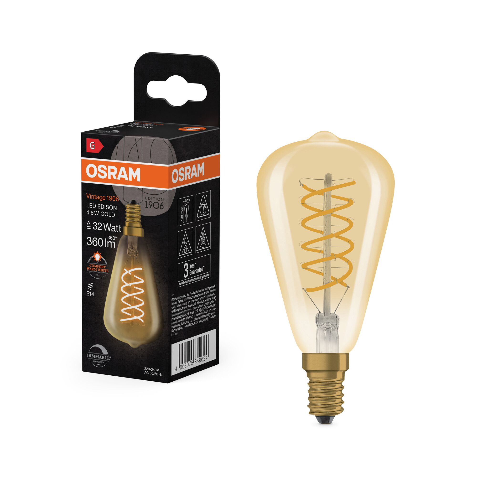 osram Ledpære 1906 edi st48 32 dim 822 gld e14