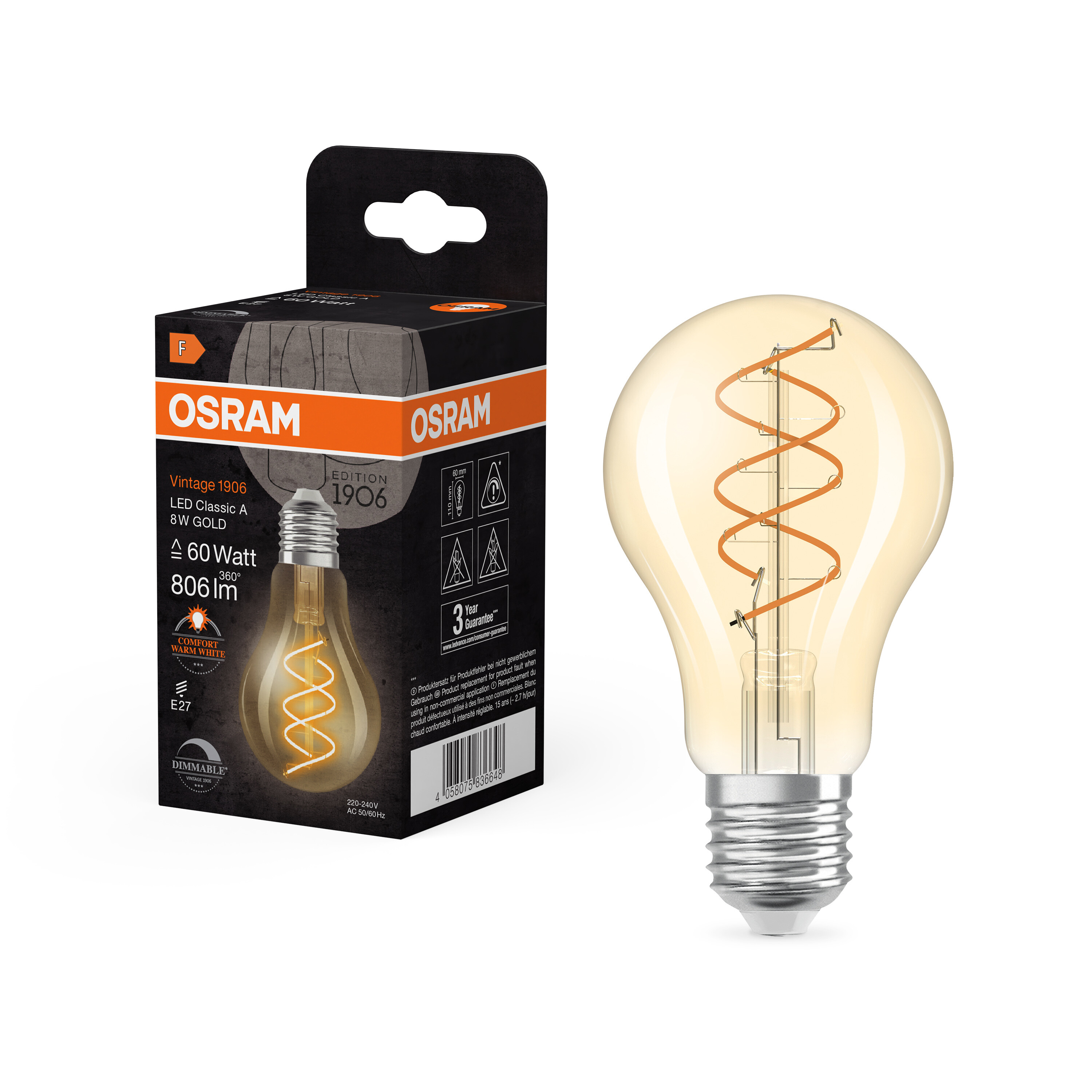 ledvance 1906 cla 60 spiral dim 806lm 922 gld e27