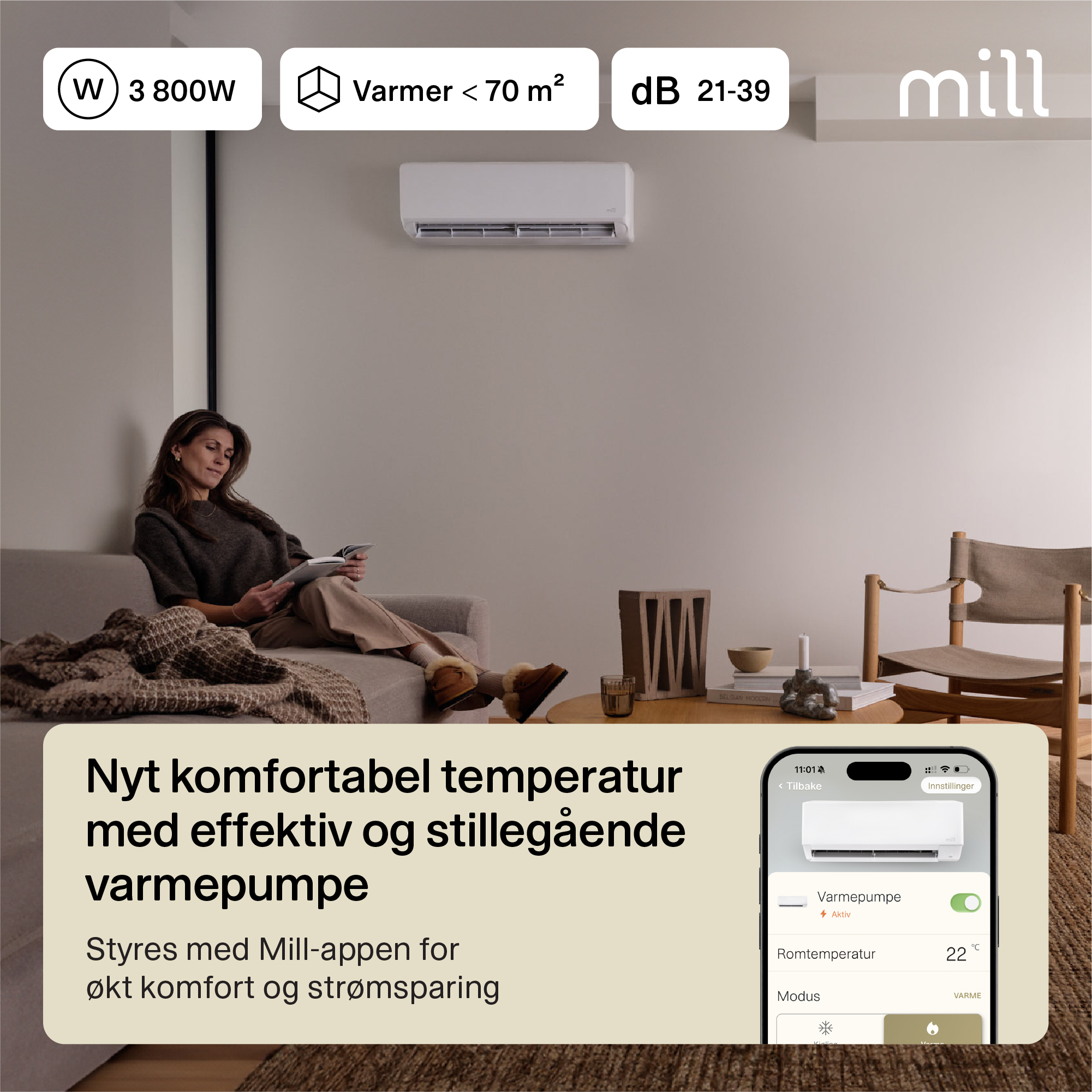 mill Calm wifi 3800 varmepumpe innvendig