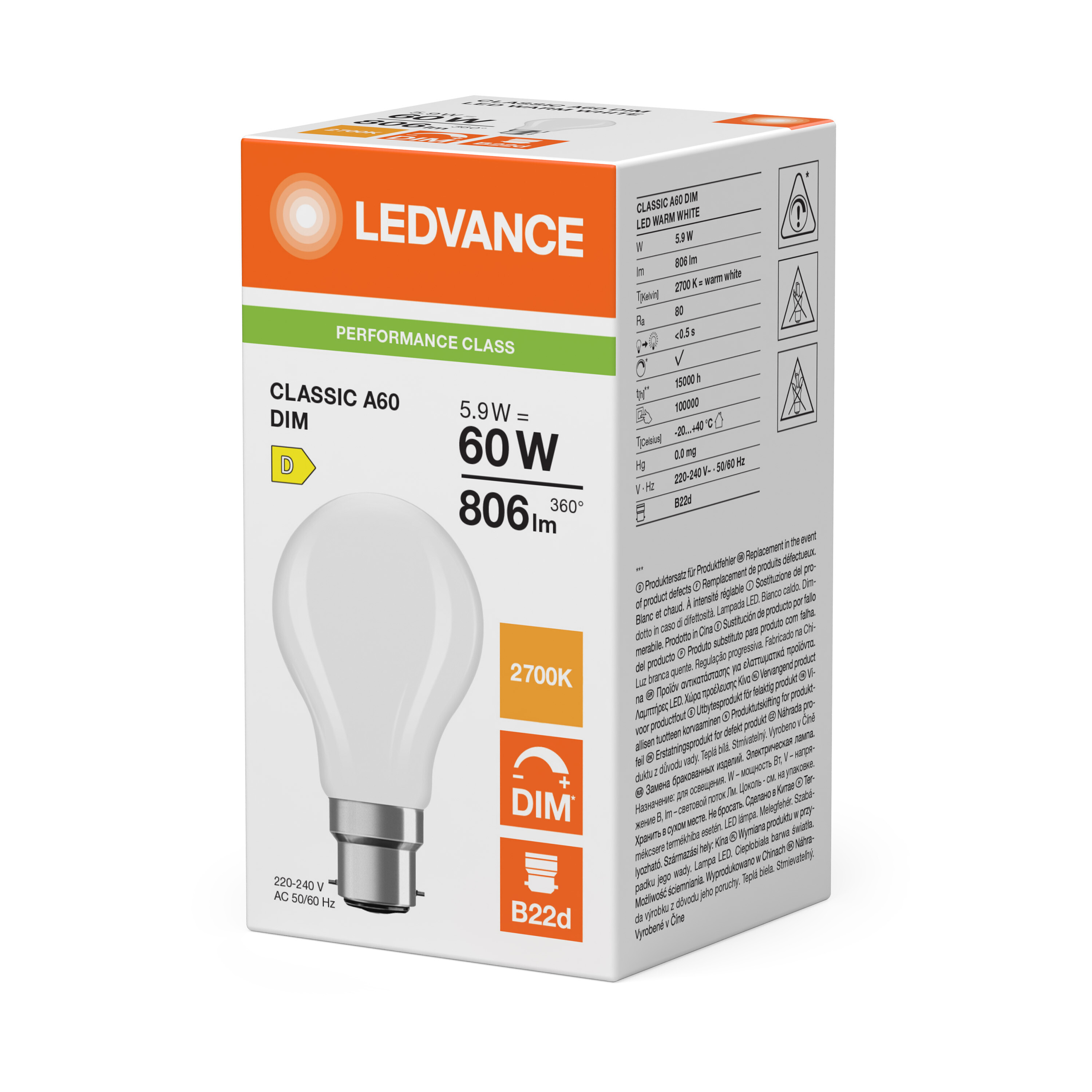 ledvance Vakiolamppu performance cla cla 5,9w/827 806lm b22d dim fr