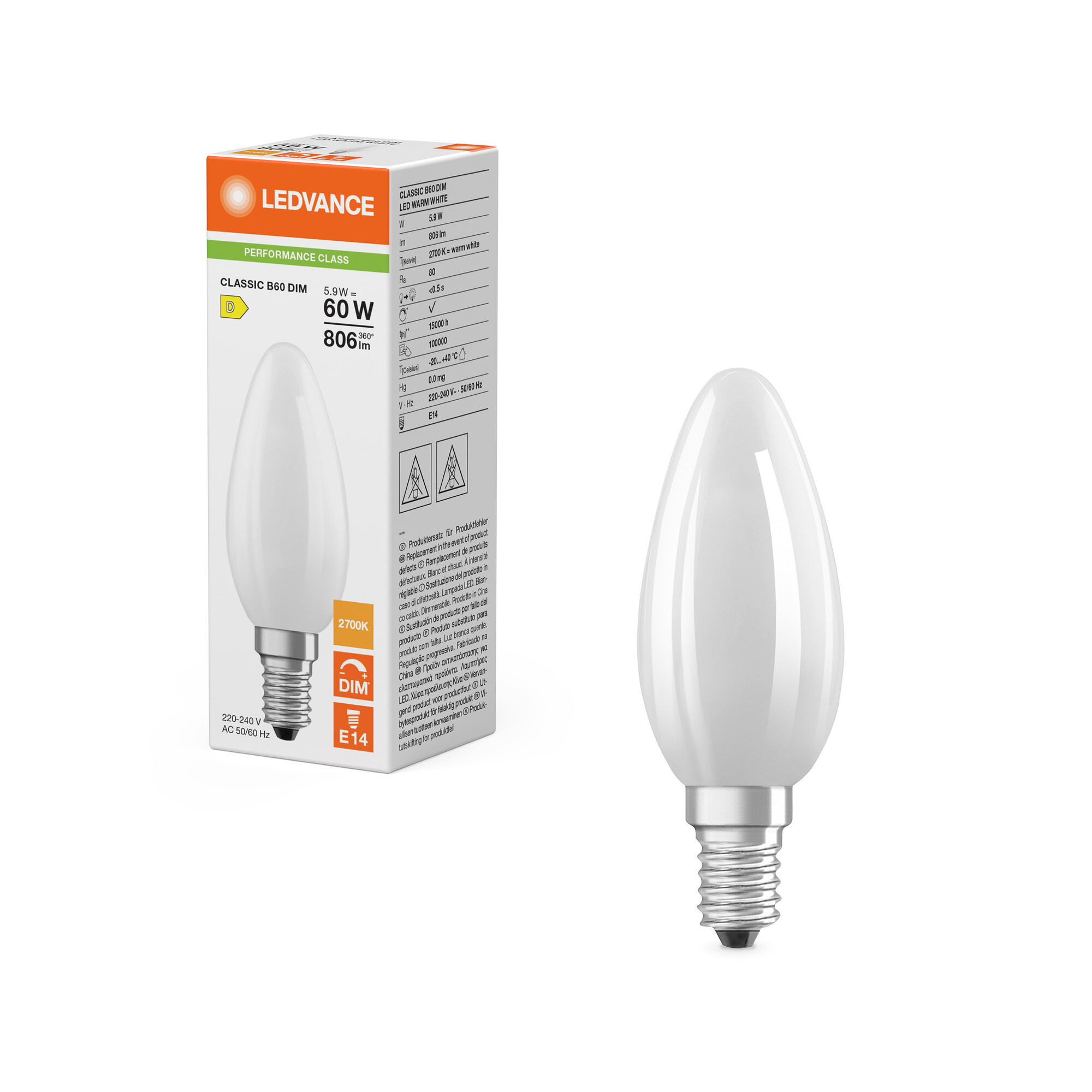 ledvance Kronlampa performance classic clb 5,9w/827 806lm e14 dim fr