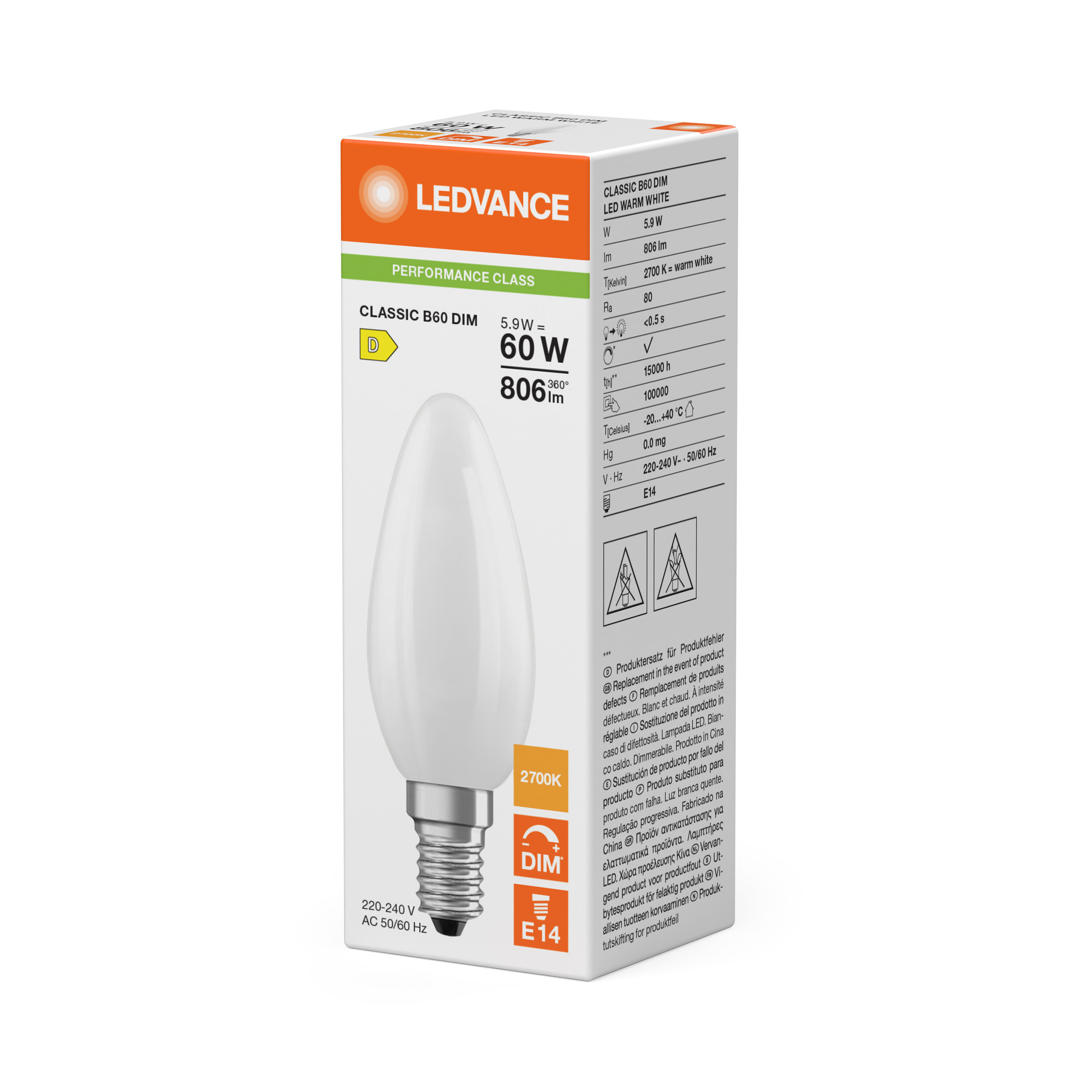 ledvance Kronlampa performance classic clb 5,9w/827 806lm e14 dim fr