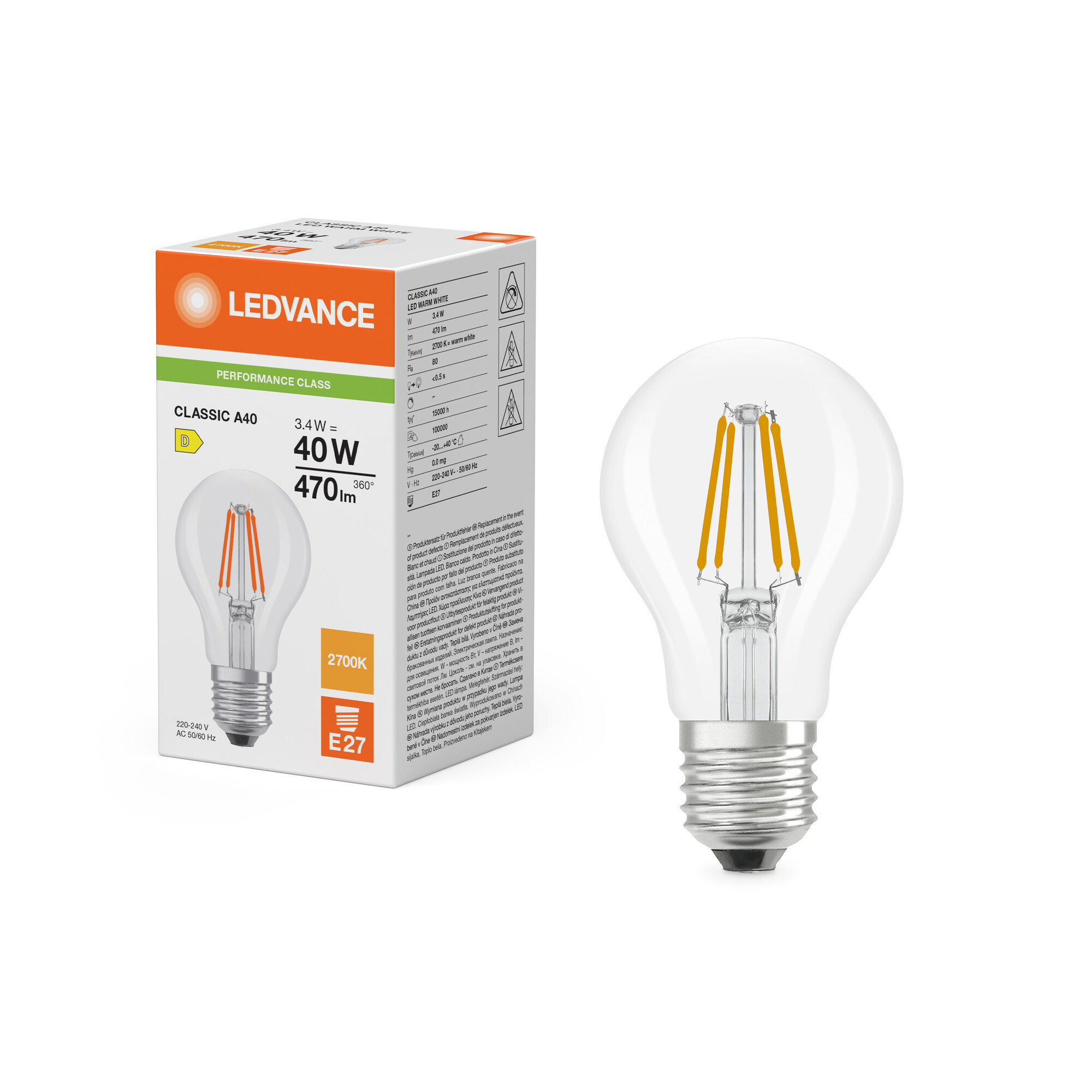 ledvance Standard lamp pfm classic cla 3,4w/827 470lm e27 cl